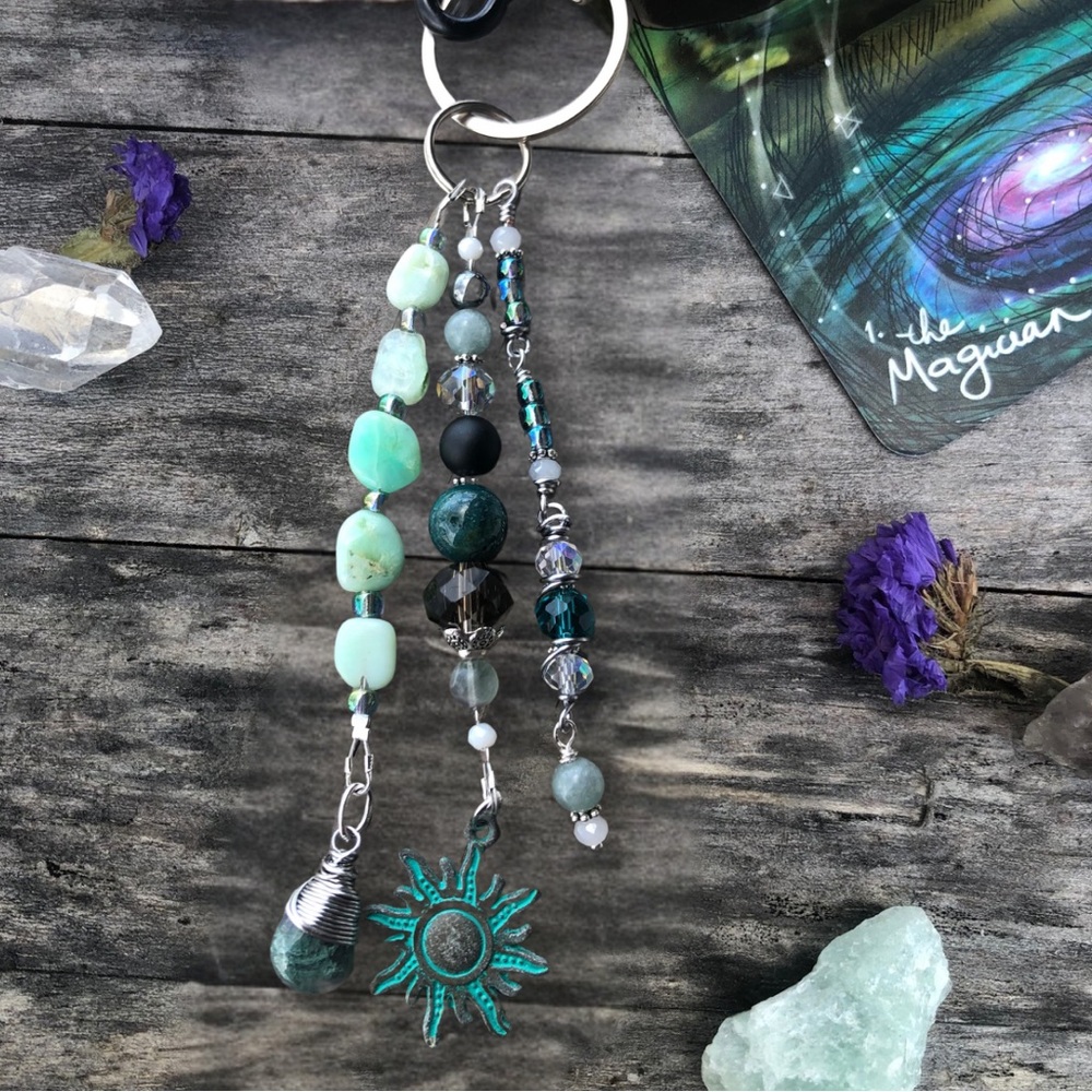 Moss Agate Chrysoprase Beaded Gemstone Purse Charm Keychain / Car Mirror Charm